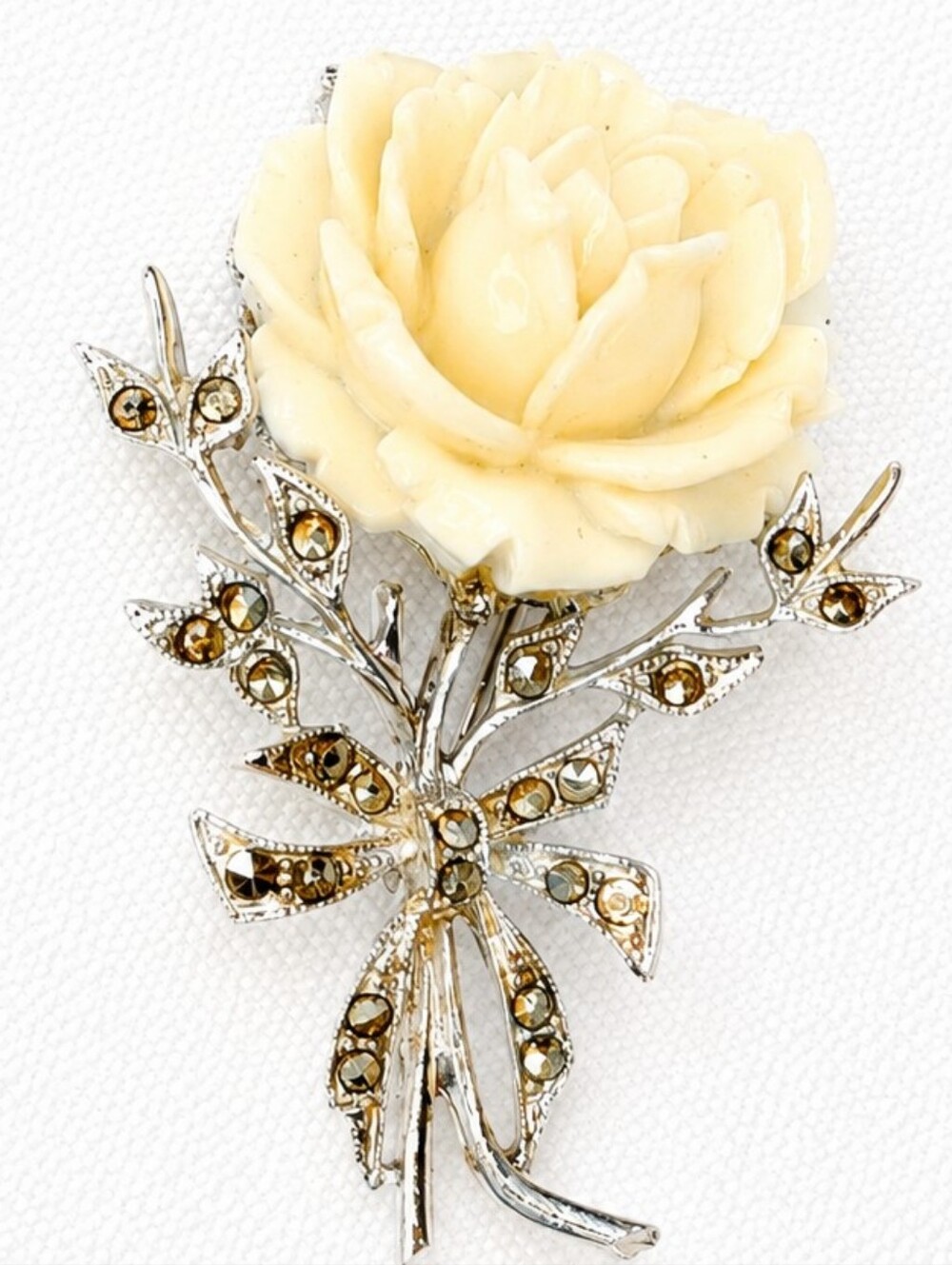 🌹Vintage Carved Ivory Rose Brooch Silver Tone Marcasite Floral Bouquet Pin